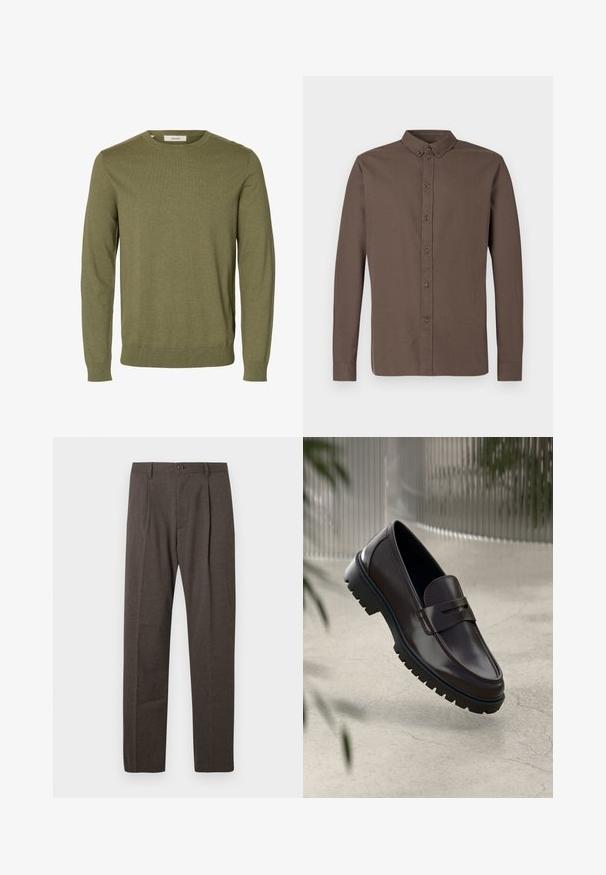 Pull vert olive à manches longues avec col rond, poignets et bas-côtes côtelés, tissu en maille unie, et une étiquette de marque « Selected » à l'intérieur du col.; Chemise marron foncé à manches longues avec col classique, huit boutons sur le devant et un tissu lisse et léger.; Pantalons marron ajustés avec plis à l'avant, passants de ceinture et une fermeture à bouton unique à la taille sur un fond blanc.; Mocassins en cuir marron avec une semelle en caoutchouc texturée et striée. Présente un design épuré et une sangle décorative sur le cou-de-pied.