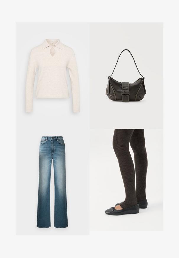 Strikket pullover i lys beige med krave, nøglehul-udskæring i halsen og lange ærmer; tekstureret, blødt stof med en afslappet pasform.; Lyseblå brede benjeans lavet af denim. Har høj talje, fem lomme-design og en falmende effekt fra top til bund.; Ben iført mørke ribbede leggings kombineret med sorte balletsko med små sløjfedetaljer på hvid baggrund.; Sort læder skuldertaske med spænde på remmen, afrundede kanter og kontrasterende hvide syninger på en ensfarvet baggrund.