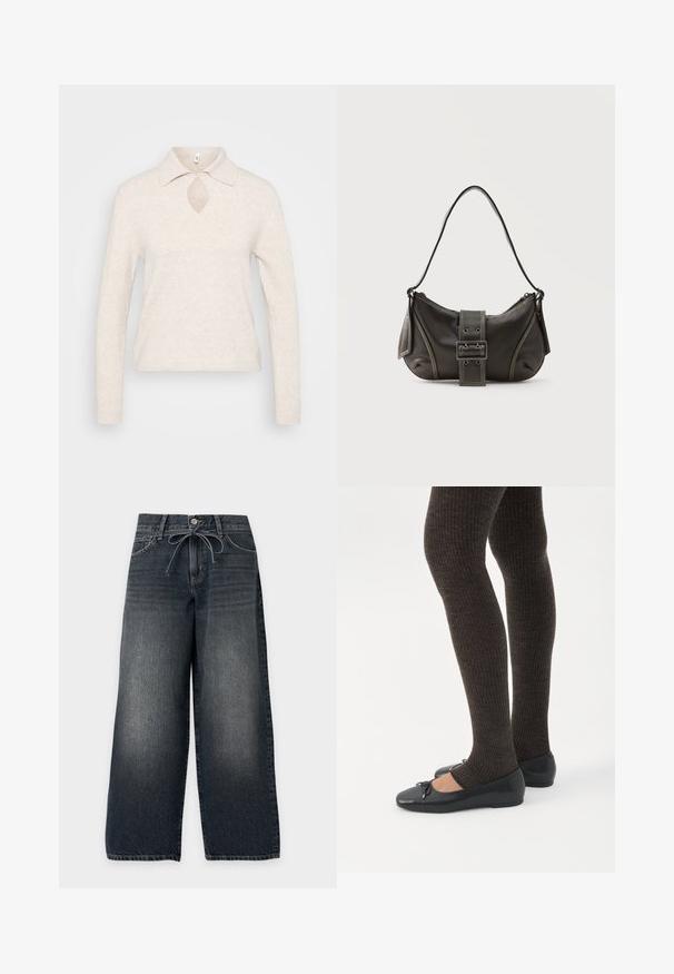 Pull en maille beige clair avec col, découpe en forme de clé au niveau du décolleté et manches longues ; tissu texturé et doux avec une coupe décontractée.; Jean denim gris foncé à jambes larges avec boutons sur le devant, poches avant et cordon noué à la taille.; Jambes portant des leggings côtelés foncés associés à des ballerines noires avec de petits détails en nœud sur fond blanc.; Sac à épaule en cuir noir avec une sangle à boucle, des bords arrondis et des coutures blanches contrastées sur un fond uni.