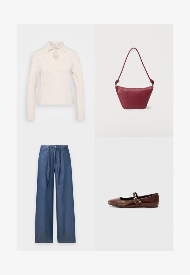 Pull en maille beige clair avec col, découpe en forme de clé au niveau du décolleté et manches longues ; tissu texturé et doux avec une coupe décontractée.; Jean denim bleu taille haute, jambes larges, poches avant, passants de ceinture, fermeture par boutons et longues attaches en tissu pour la ceinture.; Ballerine en cuir verni marron avec un bout carré et une lanière ornée d'une petite boucle dorée. Texture lisse, talon bas et design minimaliste.; Petit sac à bandoulière en cuir marron foncé avec bandoulière nouée et fermeture éclair supérieure, sur un fond clair uni.