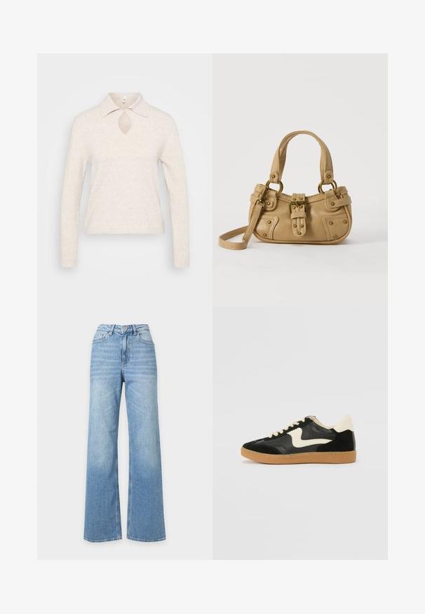 Strikket pullover i lys beige med krave, nøglehul-udskæring i halsen og lange ærmer; tekstureret, blødt stof med en afslappet pasform.; Lyseblå jeans med høj talje og vide ben med forlommer, bæltestropper og knaplukning.; Sorte ruskinds- og lædersneakers med en cremefarvet side-swoosh og lys cremefarvet hæl. Har beige snørebånd og en gummirubber-sål.; Beige læderhåndtaske med dobbelte håndtag, messing spænde og nitte detaljer samt en justerbar skulderrem mod en hvid baggrund.