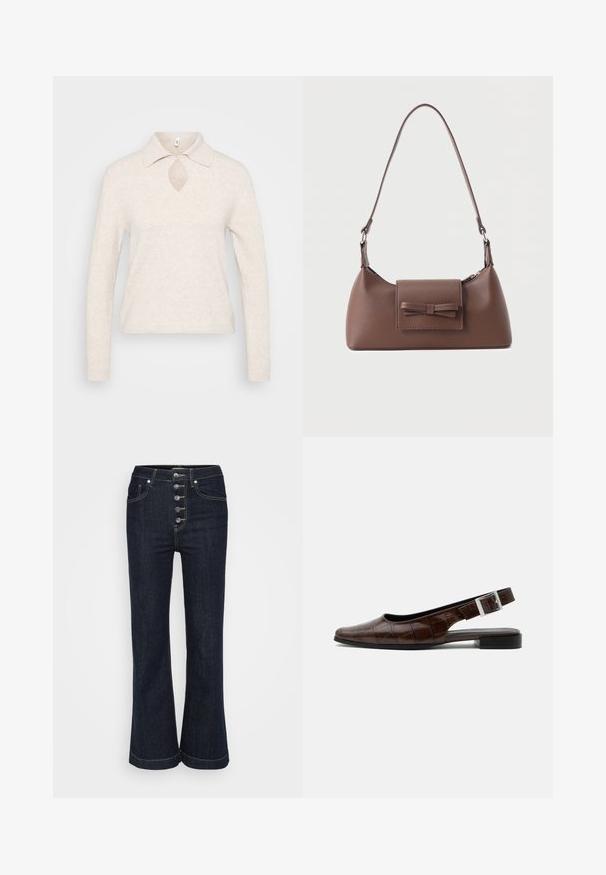 Strikket pullover i lys beige med krave, nøglehul-udskæring i halsen og lange ærmer; tekstureret, blødt stof med en afslappet pasform.; Mørkeblå højtaljede flare jeans med fem sølvknapper foran og kontrastbroderi rundt om lommer og sømme.; Mørkebrun læderslingback flad sko med firkantet tå, krokodille tekstur og sølvspænde på remmen.; Brun skuldertaske i læder med en frontlomme med klap, der har en sydd sløjfedetalje, og en justerbar rem.