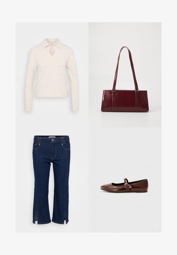 Pull en maille beige clair avec col, découpe en forme de clé au niveau du décolleté et manches longues ; tissu texturé et doux avec une coupe décontractée.; Jean en denim bleu foncé raccourci avec des fentes sur les côtés à l'ourlet, des coutures orange contrastantes et une fermeture à bouton à la taille.; Ballerine en cuir verni marron avec un bout carré et une lanière ornée d'une petite boucle dorée. Texture lisse, talon bas et design minimaliste.; Sac à main bordeaux en matériau brillant, de forme rectangulaire, avec deux anses et des accents légèrement courbés à l'avant.