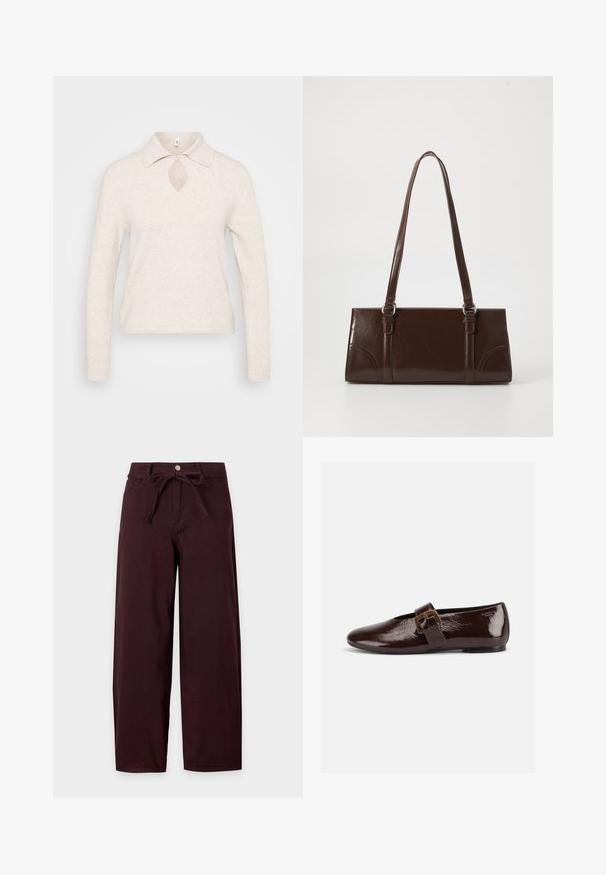 Pletený sveter svetlej béžovej farby s golierom, výrezom na kľúčovú dierku a dlhými rukávmi; textúrovaná, mäkká látka s uvoľneným strihom.; Vysoké široké nohavice v tmavo bordovej farbe s prednými gombíkmi, zipsom, bočnými vreckami a zodpovedajúcim látkovým opaskom previazaným na mašľu v páse.; Tmavohnedá lakovaná balerína s veľkou zlatou prackou a zaoblenou špičkou, zobrazená z bočného profilu na bielom pozadí.; Hnedá lakovaná kožená kabelka s obdĺžnikovým tvarom, dvoma dlhými rúčkami a jemne zakrivenými akcentami na prednej strane.