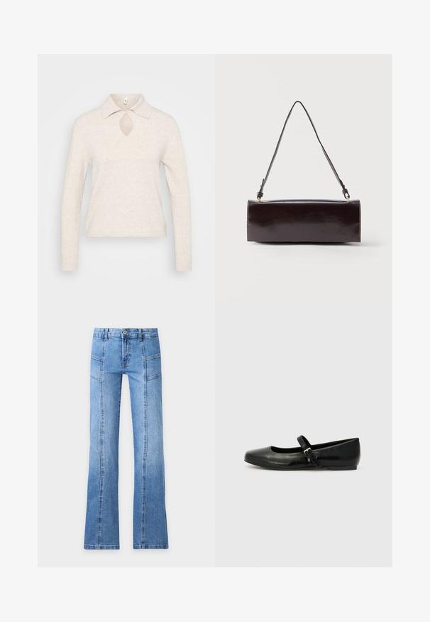Strikket pullover i lys beige med krave, nøglehul-udskæring i halsen og lange ærmer; tekstureret, blødt stof med en afslappet pasform.; Lyseblå denimjeans med højt talje, frontknap, lynlås, sømdetaljer og let udvidede ben på en ensfarvet baggrund.; Sorte læder balletflade med rund tå, flad sål og en tynd justerbar rem over svangen med en metalspænde.; Rektangulær sort læderhåndtaske med en enkelt lang rem og blank finish, vist mod en ensfarvet hvid baggrund.