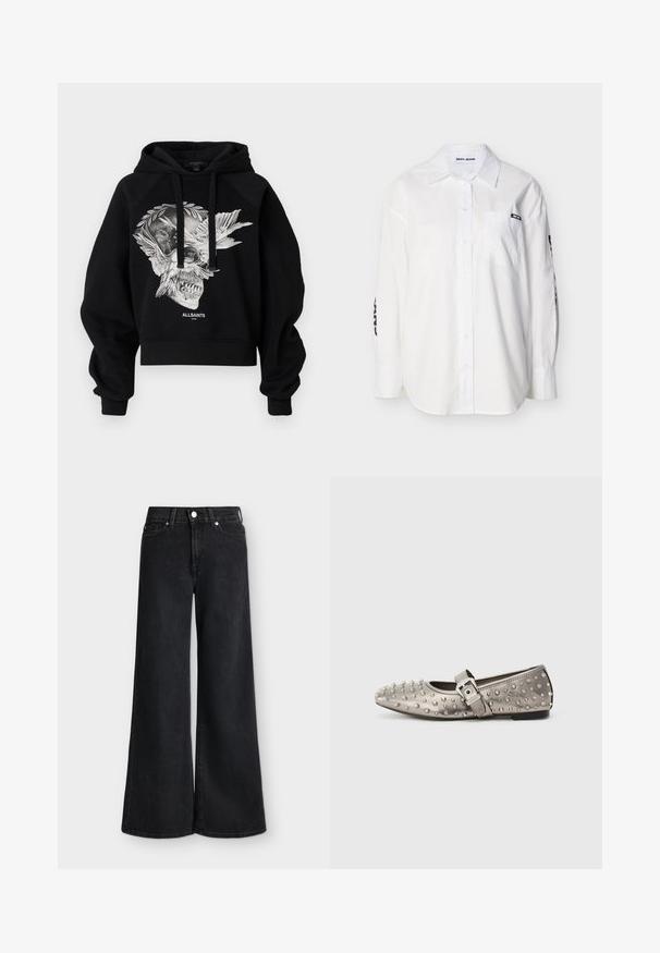 Μαύρο cropped φούτερ από βαμβάκι, με γραφικό σχέδιο κρανίου και φτερών μπροστά, με κορδόνια και ραγκλάν μανίκια.; Λευκό πουκάμισο με μακριά μανίκια και κουμπιά, γιακά, μπροστινή τσέπη και μαύρη ετικέτα "DKNY JEANS" στην τσέπη και στα μανίκια.; Μαύρο τζιν ψηλόμεσο με φαρδύ πόδι, με κουμπιά και φερμουάρ μπροστά, δύο μπροστινές τσέπες και θηλιές για ζώνη.; Γκρι επίπεδο παπούτσι με στρογγυλή μύτη, διακοσμημένο με μεταλλικά τρουκς, και πλευρική ταινία με λεπτομέρεια ασημένιου κλειδώματος. Λείος υφή.