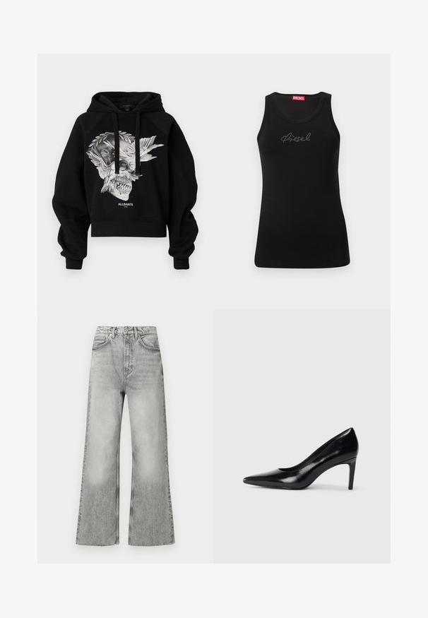 Μαύρο cropped φούτερ από βαμβάκι, με γραφικό σχέδιο κρανίου και φτερών μπροστά, με κορδόνια και ραγκλάν μανίκια.; Μαύρο αμανικό τοπ με λογότυπο "Diesel" από στρας στο στήθος και κόκκινη ετικέτα μάρκας στο εσωτερικό του λαιμού.; Γκρι τζιν παντελόνι με φαρδιά γάμπα και ψηλή μέση, ξεθωριασμένο φινίρισμα, πέντε τσέπες και θηλιές για ζώνη. Ραφές με διακοσμητικά σχέδια κατά μήκος των ραφών.; Μαύρο δερμάτινο ψηλοτάκουνο παπούτσι με μυτερή μύτη, λεία υφή και κοφτό τακούνι. Μινιμαλιστικός σχεδιασμός, χωρίς επιπρόσθετες διακοσμήσεις.