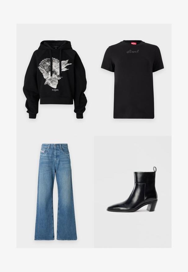 Μαύρο cropped φούτερ από βαμβάκι, με γραφικό σχέδιο κρανίου και φτερών μπροστά, με κορδόνια και ραγκλάν μανίκια.; Μαύρο t-shirt Diesel με κοντά μανίκια και μικρό λογότυπο σε σχήμα ραντάν, τοποθετημένο στο κέντρο κάτω από το ντεκολτέ.; Τζιν παντελόνια με φαρδιά πατζάκια σε ανοιχτό μπλε χρώμα με διακοσμητικά στις μπροστινές τσέπες. Διαθέτουν ψηλή μέση και λεία υφή.; Μαύρη δερμάτινη μπότα με καμπυλωτή μύτη, γεωμετρικό σωρό μέτρου και θηλίτσα στο πίσω μέρος. Λείο υλικό και κομψός σχεδιασμός.