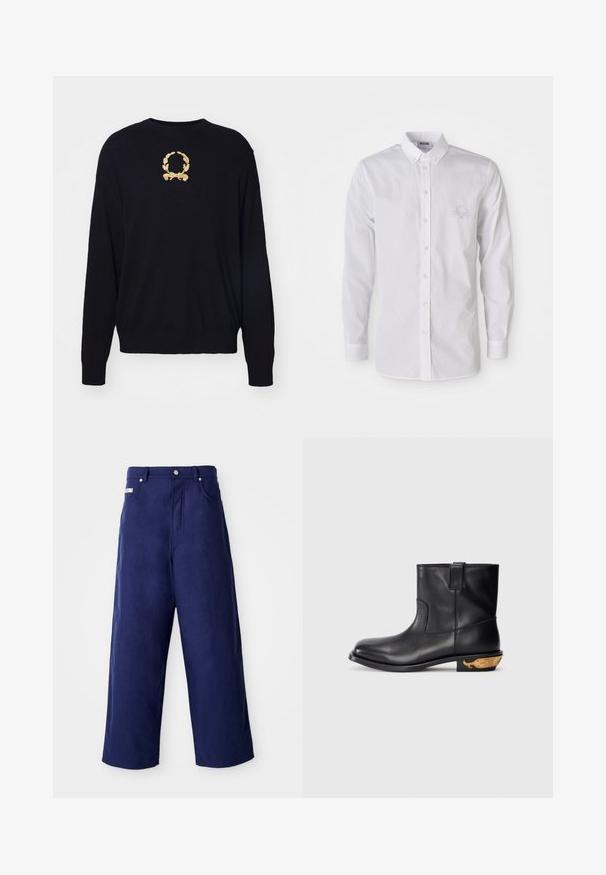 Sort sweater lavet af blødt stof, med et guld broderet laurbærkransdesign på brystet samt ribbede manchetter og kant.; Hvid langærmet skjorte med knap-opsætning og nedknappet krave samt et diskret broderet logo på venstre bryst.; Bredde ben bukser i marineblå, lavet af blødt stof. Har en knaplukning og frontlommer, med en ren finish og ingen synlige mønstre.; Sort læder ankelstøvle med en glat overflade, rund tå og et guldfarvet hvalmotiv på hælen. Minimalistisk design.