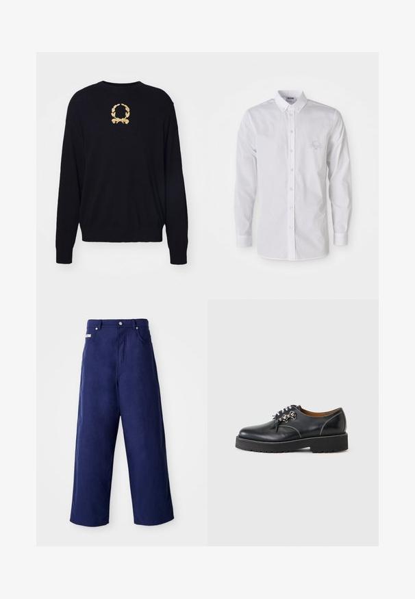 Sort sweater lavet af blødt stof, med et guld broderet laurbærkransdesign på brystet samt ribbede manchetter og kant.; Hvid langærmet skjorte med knap-opsætning og nedknappet krave samt et diskret broderet logo på venstre bryst.; Bredde ben bukser i marineblå, lavet af blødt stof. Har en knaplukning og frontlommer, med en ren finish og ingen synlige mønstre.; Sort læder snøresko med kraftig sål og metaløjer, synlige hvide syninger og brun inderforing, set fra ydersiden.