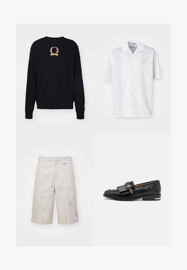 Un pull noir en tissu doux, avec un motif de laurier brodé en or sur la poitrine et des poignets et un ourlet côtelés.; Chemise blanche à manches courtes en coton avec fermeture à boutons sur le devant. Présente un logo brodé discret sur la poitrine. Col classique.; Shorts en coton beige avec une coupe droite, longueur genoux, dotés de deux poches frontales et de plis subtils pour une texture supplémentaire.; Mocassin en cuir noir avec des détails en frange, accents en métal argenté, bout arrondi et un petit talon empilé avec un bord décoratif.