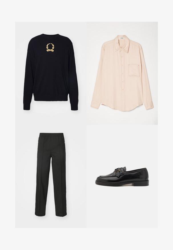 Suéter negro hecho de tela suave, con un diseño de corona de laurel bordado en dorado en el pecho y puños y bajo acanalados.; Camisa de manga larga rosa claro en tejido suave con collar de punta, botones frontales y un solo bolsillo en el pecho con costuras en contraste.; Pantalones negros de tejido elástico, con corte recto, bolsillos con cremallera lateral y una textura suave sin patrones visibles.; Mocasines de cuero negro con punta redonda y un acento decorativo de hebilla. Tacón plano y sólido, con una textura suave en todo el zapato.