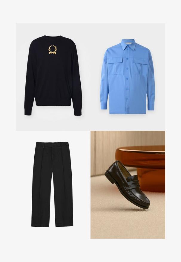 Sort sweater lavet af blødt stof, med et guld broderet laurbærkransdesign på brystet samt ribbede manchetter og kant.; Lyseblå skjorte med lange ærmer, spidse kraver, knaplukning foran og to store klaplommer på brystet, præsenteret mod en hvid baggrund.; Sorte bukser med lige ben, der har læg, sidelommer og en flad linning. Fremstillet af glat stof med en mat finish.; Skinnende sort læderloafer med remdetalje, placeret på beige tæppe nær et rundt brunt sofabord i et blødt oplyst rum.