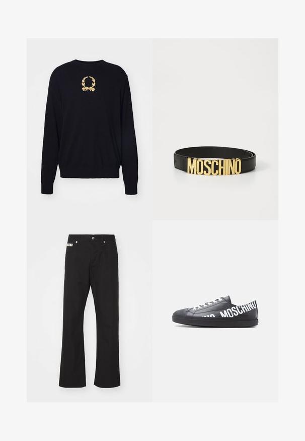 Un pull noir en tissu doux, avec un motif de laurier brodé en or sur la poitrine et des poignets et un ourlet côtelés.; Pantalons en coton noir avec une coupe droite, dotés d'une fermeture à bouton à l'avant, de deux poches latérales et d'une petite étiquette de marque sur la taille.; Baskets basses noires avec des lacets blancs et "MOSCHINO" imprimé en grandes lettres blanches sur le côté et le talon.; Ceinture en cuir noir avec une grande boucle en or « MOSCHINO », texture lisse, taille réglable et design minimaliste.
