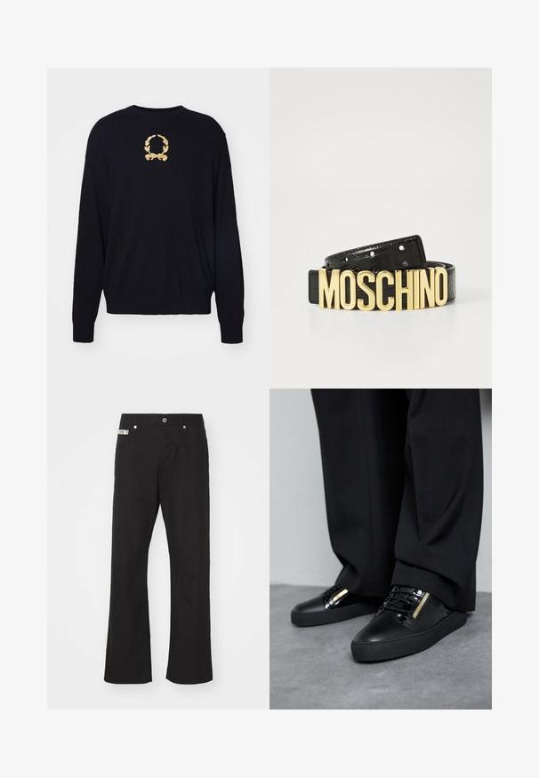 Un pull noir en tissu doux, avec un motif de laurier brodé en or sur la poitrine et des poignets et un ourlet côtelés.; Pantalons en coton noir avec une coupe droite, dotés d'une fermeture à bouton à l'avant, de deux poches latérales et d'une petite étiquette de marque sur la taille.; Baskets en cuir noir avec des accents brillants, des lacets texturés et un détail de fermeture éclair ; associées à un pantalon sombre et ample sur un sol gris.; Ceinture en cuir noir avec une texture crocodile et un grand logo doré "MOSCHINO" en tant que boucle. Présente plusieurs trous d'ajustement.