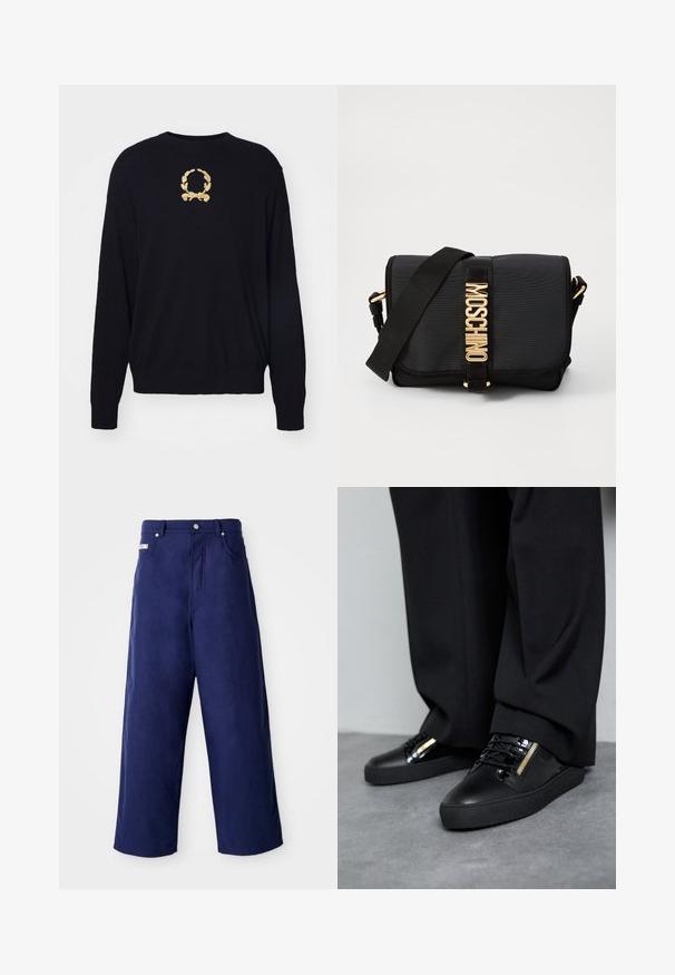Zwarte trui van zacht materiaal, met een gouden geborduurd lauriertakontwerp op de borst en geribde manchetten en zoom.; Wijde broek in marineblauw, gemaakt van zachte stof. Heeft een knoopsluiting en vo pockets aan de voorkant, met een nette afwerking en geen zichtbare patronen.; Zwarte leren sneakers met glanzende accenten, gestructureerde veters en een ritsdetail; gecombineerd met donkere, loszittende broek op een grijze vloer.; Zwarte schoudertas van nylon met een gladde textuur. Voorzien van gouden hardware en de letters "MOSCHINO" op de voorband. Inclusief verstelbare schouderriem.