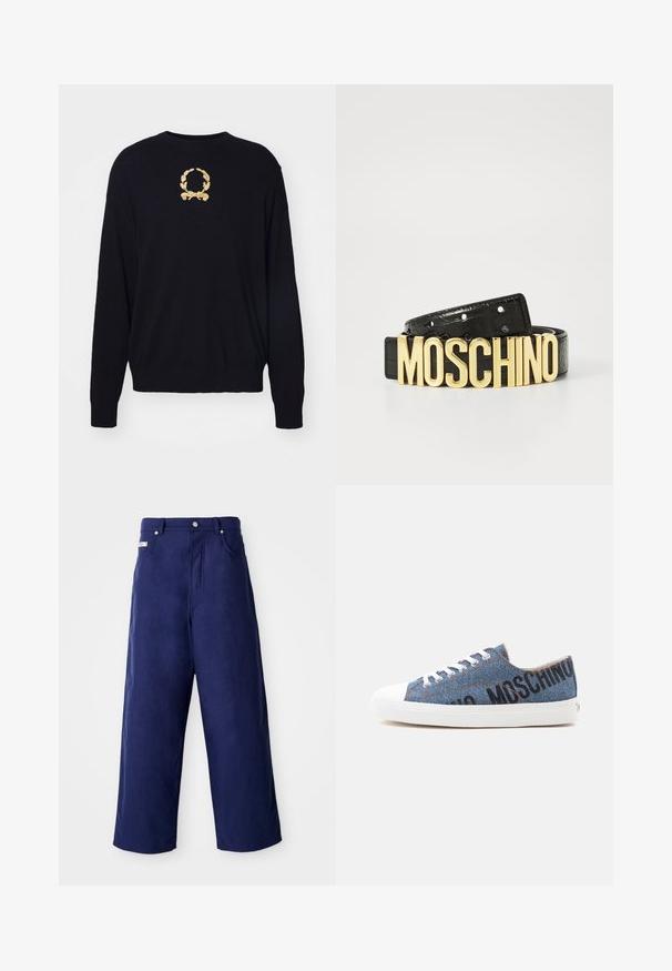 Sort sweater lavet af blødt stof, med et guld broderet laurbærkransdesign på brystet samt ribbede manchetter og kant.; Bredde ben bukser i marineblå, lavet af blødt stof. Har en knaplukning og frontlommer, med en ren finish og ingen synlige mønstre.; Lavtop denim sneaker med hvid gummisål og snørebånd, med sort "MOSCHINO" tekst på siden.; Sorte læderbælte med en krokodilletekstur og et stort guld "MOSCHINO" logo som spænde. Har flere justeringshuller.