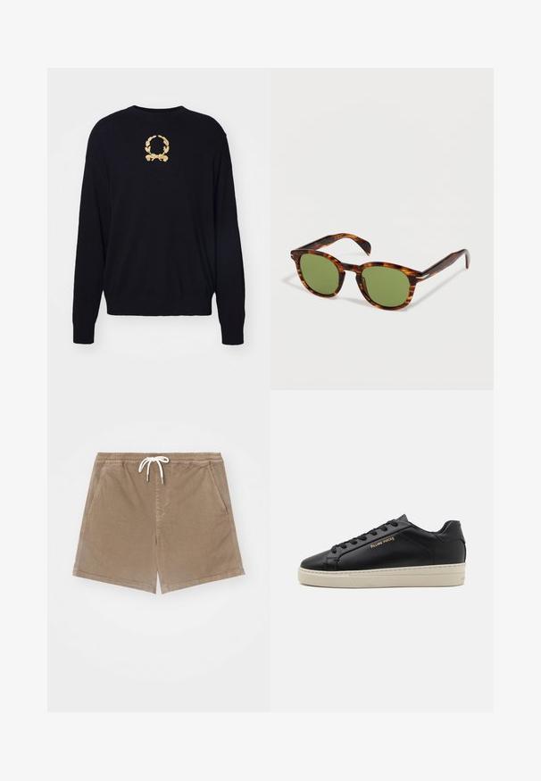 Un pull noir en tissu doux, avec un motif de laurier brodé en or sur la poitrine et des poignets et un ourlet côtelés.; Shorts en coton marron avec une taille élastique et un cordon de serrage blanc, dotés de deux poches latérales et d'une coupe droite.; Sneaker en cuir noir avec une finition lisse, semelle crème contrastante, bout arrondi, logo doré sur le côté et six œillets pour les lacets.; Lunettes de soleil en écaille de tortue avec des verres ronds verts reposant sur une surface blanche.