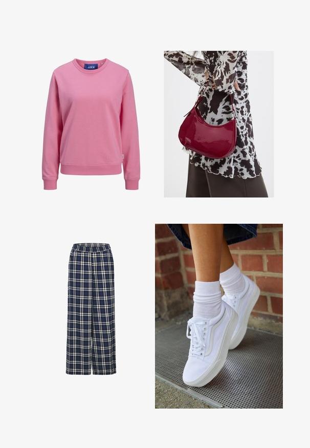 Roze sweatshirt van zacht katoen. Heeft een ronde halslijn en lange mouwen met ribbelmanchetten en -zoom. Label zichtbaar bij de kraag.; Wijd uitlopende broek in een navyblauw ruitpatroon met witte en zwarte lijnen. Beschikt over een elastische tailleband en een zachte stofstructuur.; Witte canvas sneakers met rubberen zolen, voorzien van zes vetertjes, een ronde neus en lichte stikdetails, gecombineerd met witte enkelsokken.; Vrouw met een zwart-wit gebloemde blouse houdt een glanzende rode schoudertas vast tegen een effen achtergrond.