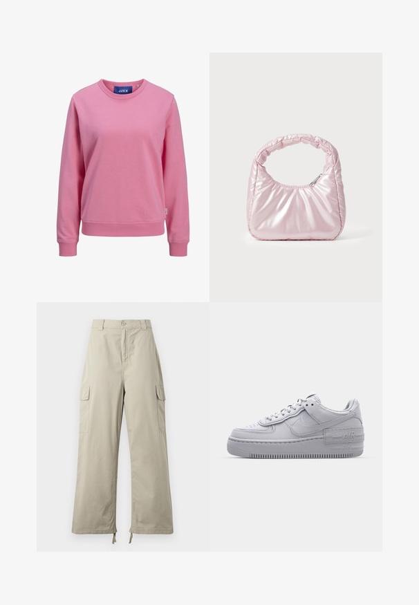 Rosa Sweatshirt aus weichem Baumwollmaterial. Verfügt über einen runden Halsausschnitt und lange Ärmel mit gerippten Bündchen und Saum. Etikett am Kragen sichtbar.; Helle beige Cargo-Hosen mit lockerer Passform, ausgestattet mit einem Knopfverschluss, seitlichen Taschen und verstellbarem Saum mit Bändern. Glatte Stoffoberfläche.; Graue Nike Air Force 1 Sneaker mit perforierter Zehenpartie, Obermaterial aus glattem Leder, dicker Sohle und geprägtem 'AIR'-Detail an der Ferse.; Rosa, gepolsterte Handtasche mit abgerundeter Form, aus glänzendem Material gefertigt. Verfügt über einen gerafften Griff und einen Reißverschluss für sicheren Zugang.