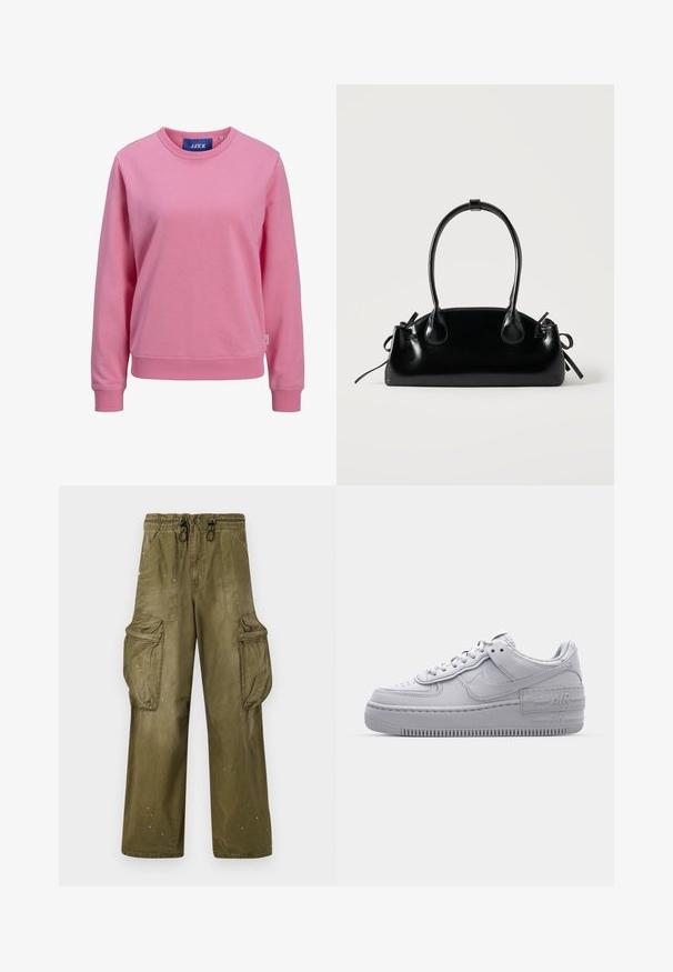 Rosa Sweatshirt aus weichem Baumwollmaterial. Verfügt über einen runden Halsausschnitt und lange Ärmel mit gerippten Bündchen und Saum. Etikett am Kragen sichtbar.; Olivgrüne Cargo-Hosen mit lässiger Passform, elastischem Bund, Kordelzug, zwei seitlichen Taschen und zwei großen Cargo-Taschen. Leichte Abnutzung.; Graue Nike Air Force 1 Sneaker mit perforierter Zehenpartie, Obermaterial aus glattem Leder, dicker Sohle und geprägtem 'AIR'-Detail an der Ferse.; Kleine schwarze glänzende Handtasche mit zwei langen Griffen und seitlichen Kordelzug-Details vor einfachem hellem Hintergrund.