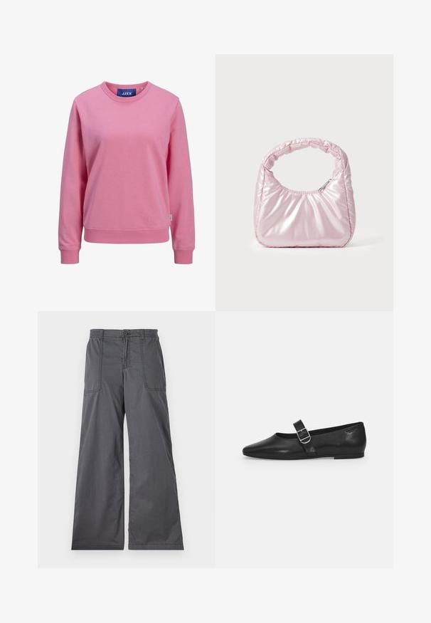 Rosa Sweatshirt aus weichem Baumwollmaterial. Verfügt über einen runden Halsausschnitt und lange Ärmel mit gerippten Bündchen und Saum. Etikett am Kragen sichtbar.; Grau weite Hose mit glatter Oberfläche, ausgestattet mit Fronttaschen, einem Knopfverschluss und genähten Details entlang der Nähte.; Schwarzer Lederflatschuh mit runder Zehenform, einem verstellbaren Schnallenriemen und einer glatten, glänzenden Oberfläche. Minimalistisches Design mit einem niedrigen Absatz.; Rosa, gepolsterte Handtasche mit abgerundeter Form, aus glänzendem Material gefertigt. Verfügt über einen gerafften Griff und einen Reißverschluss für sicheren Zugang.