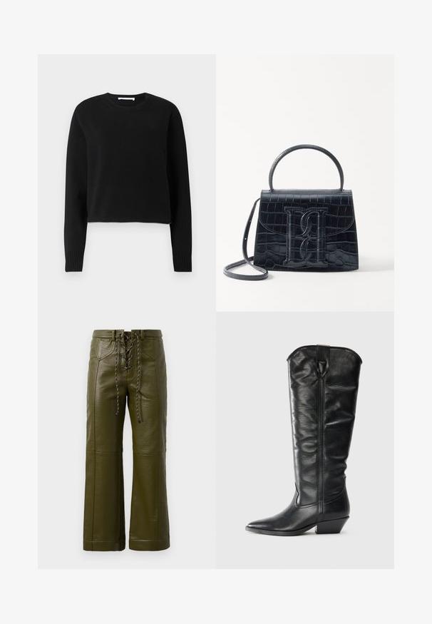 Pull court noir avec des manches longues, encolure et poignets côtelés, fabriqué dans un matériau tricoté doux. Design simple et sans couture.; Pantalons larges en cuir vert olive avec une finition texturée, dotés d'un devant à lacets et de solides accents en métal noir.; Bottes en cuir noires arrivant aux genoux avec un bout pointu et un talon carré. Elles présentent une texture lisse et un détail de couture subtil à l'avant.; Sac à main en cuir noir embossé en crocodile avec un design structuré, une poignée supérieure, une bandoulière ajustable et un détail de logo en avant bien visible.