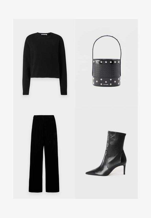 Pull court noir avec des manches longues, encolure et poignets côtelés, fabriqué dans un matériau tricoté doux. Design simple et sans couture.; Pantalons larges noirs avec taille élastique et tissu doux en velours, affichés sur un fond clair uni.; Bottes noires à la cheville en cuir lisse, dotées d'un bout pointu, d'un tige ajustée et d'un talon haut fin. Design minimaliste sans quincaillerie visible.; Sac seau noir à texture tissée, avec des clous argentés en accents et une poignée fine. Présente un logo sur le devant et un fond en cuir lisse.