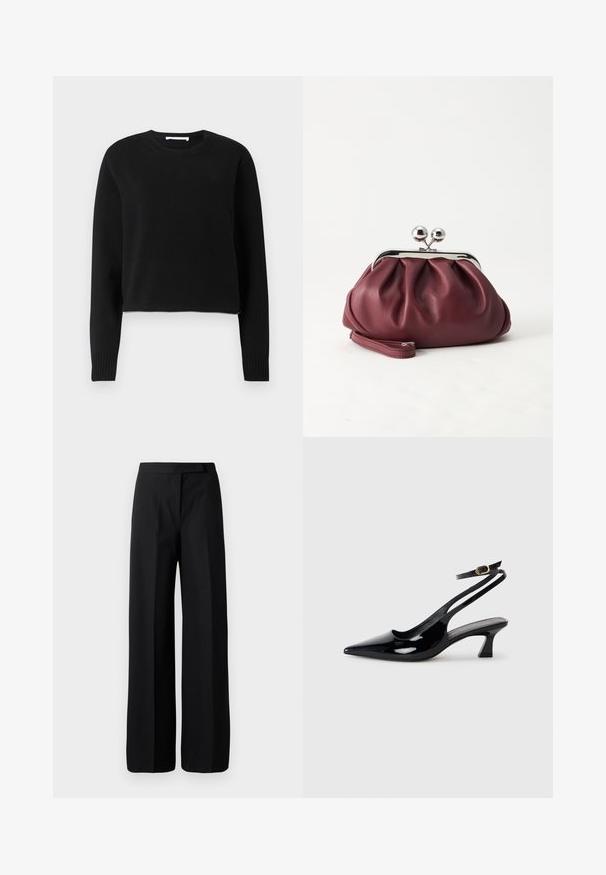 Pull court noir avec des manches longues, encolure et poignets côtelés, fabriqué dans un matériau tricoté doux. Design simple et sans couture.; Pantalons noirs à jambe large avec une texture lisse et mate. Ceinture plate sans matériel ni motifs visibles. Design simple et élégant.; Escarpins à brides arrière en cuir verni noir, à bout pointu, avec un petit talon carré et une sangle de cheville ajustable dotée d'une boucle dorée.; Petit sac pochette en cuir bordeaux avec fermoir métallique argenté et bracelet sur fond blanc.