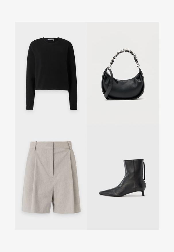 Pull court noir avec des manches longues, encolure et poignets côtelés, fabriqué dans un matériau tricoté doux. Design simple et sans couture.; By Malene Birger POVILLE - Short - grey brown; Bottine en cuir noir à bout pointu, forme structurée et petit talon. Dispose d'une fermeture éclair latérale et d'un design minimaliste.; Sac à main en cuir noir de forme arrondie, avec une double bandoulière comprenant une grosse chaîne en argent, et une fermeture supérieure zippée. Texture lisse.