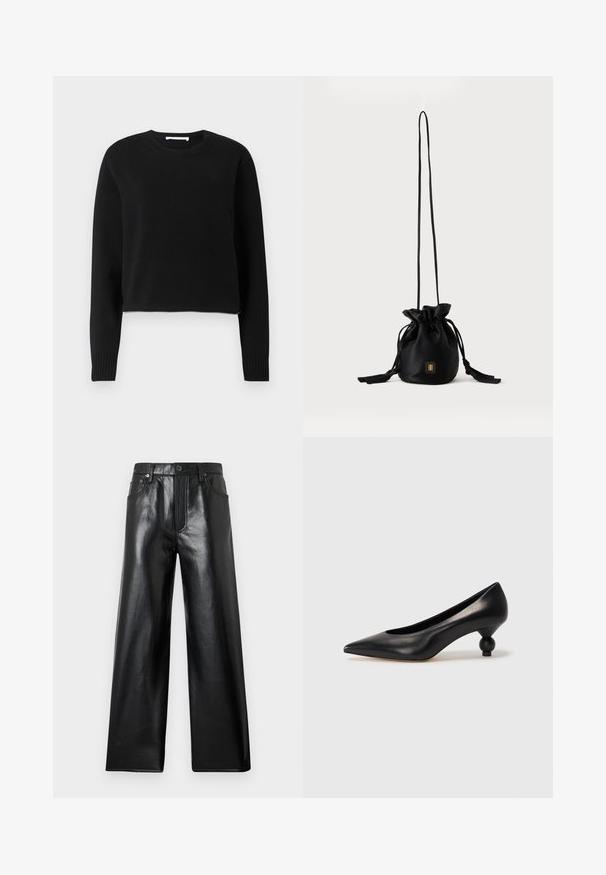 Pull court noir avec des manches longues, encolure et poignets côtelés, fabriqué dans un matériau tricoté doux. Design simple et sans couture.; Pantalon large en fausse cuir noir à taille haute avec bouton frontal, fermeture éclair et poches à l'avant et à l'arrière sur fond gris clair.; Chaussure à talon haut en cuir noir avec un bout pointu et un talon arrondi. Texture lisse avec un design épuré et minimal.; Sac seau noir à cordon avec une longue sangle fine et un petit logo carré doré sur le devant, présenté sur un fond uni.