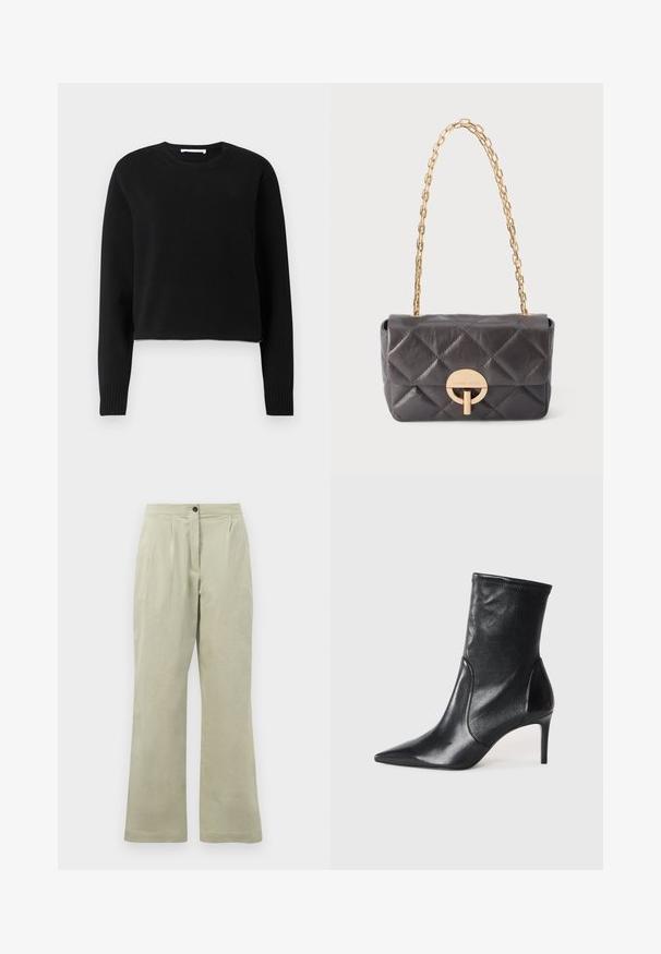 Pull court noir avec des manches longues, encolure et poignets côtelés, fabriqué dans un matériau tricoté doux. Design simple et sans couture.; Pantalons larges vert clair en tissu doux, dotés d'une fermeture à bouton à l'avant, de plis et d'un ourlet net.; Bottes noires à la cheville en cuir lisse, dotées d'un bout pointu, d'un tige ajustée et d'un talon haut fin. Design minimaliste sans quincaillerie visible.; Sac à main en cuir noir matelassé avec fermoir circulaire doré et bandoulière chaîne dorée suspendu sur fond blanc.