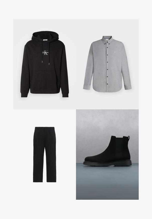 Sudadera de algodón negra con capucha ajustable, bolsillo canguro y un logo plateado con "Calvin Klein" y "CK" en el pecho.; Camisa de manga larga color gris claro con cierre de botones y cuello abotonado, con un pequeño logo "cK" bordado en el pecho izquierdo.; Pantalones negros de pierna recta con trabillas para cinturón, cremallera frontal y bolsillos laterales, mostrados sobre un fondo blanco.; Botín negro de tobillo, hecho de material suave con costuras sutiles, suela de goma y un diseño elegante, posicionado sobre una superficie con textura de madera.
