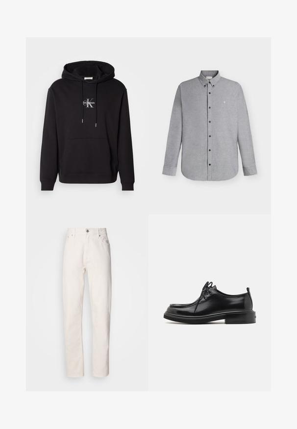 Hoodie en coton noir avec une capuche à cordon de serrage, une poche kangourou et un logo argenté portant "Calvin Klein" et "CK" sur la poitrine.; Chemise gris clair à manches longues avec boutons, col boutonné et petit logo "cK" brodé sur la poitrine gauche.; Jeans en denim blanc à jambe droite, avec fermeture à bouton et à fermeture éclair, passants de ceinture, et poches avant et arrière, présentés sur fond uni.; Calvin Klein LACE UP APRON BRUSH OFF - Derbies - black