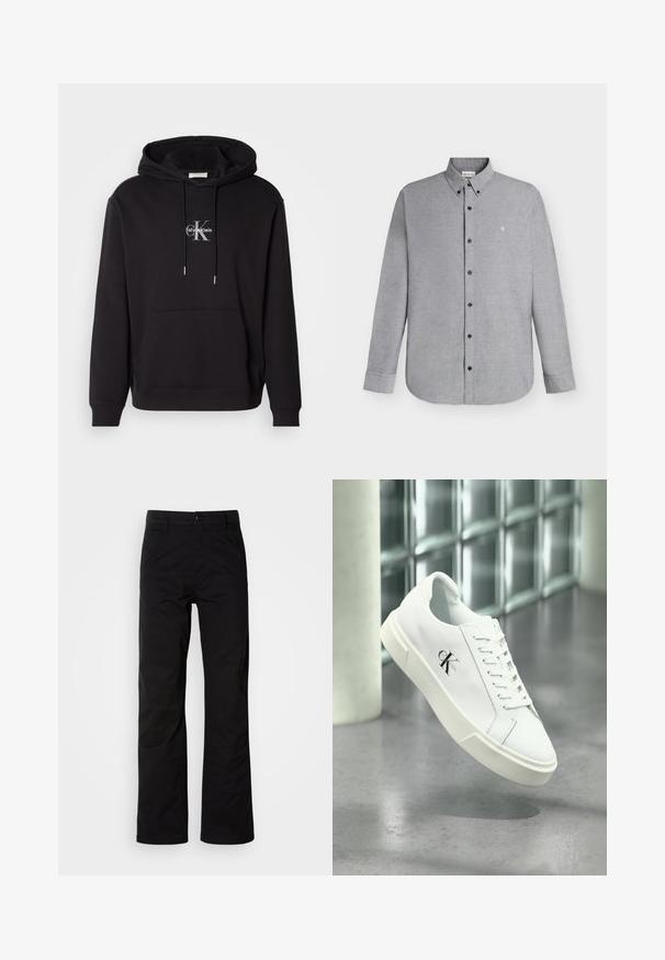 Sort bomulds hættejakke med snoretræk i hætten, kangaroo-lomme og et sølvfarvet logo, der viser "Calvin Klein" og "CK" på brystet.; Lysegrå skjorte med lange ærmer, knapper foran og knaplukket krave samt det lille "cK" logo broderet på venstre bryst.; Sort bomuldsbukser med lige ben, der har knaplukning og bæltestropper. Glat tekstur og minimalistisk stil uden synlige mønstre.; Hvid Calvin Klein sneaker med snørebånd, vist svævende over en poleret betongulv og en baggrund af glasblokke.