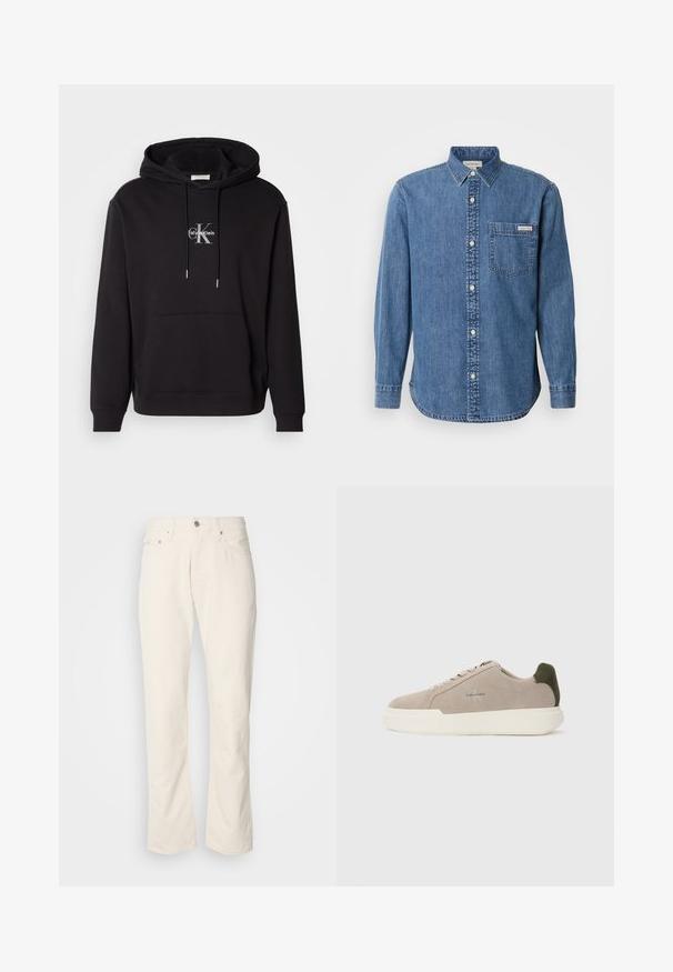Musta puuvillahuppari, jossa on narulla säädettävä huppu, kengurupocket ja hopeinen logo, jossa lukee "Calvin Klein" ja "CK" rinnassa.; Denim-paita keskipitkässä sinisessä, jossa on napitettava kaulus, pitkät hihat, etutasku ja valkoiset napit. Paitassa on hieman kaareva helma.; Beige puuvillafarkut klassikalisella suoranlahkeisella muotoilulla, etupainikkeella suljettuna, viidellä taskulla ja hillityillä ompeluyksityiskohdilla.; Beige mokkasandaalit valkoisella kumipohjalla, joissa on tumma vihreä kantapään yksityiskohta ja hienovarainen brändäys sivussa.