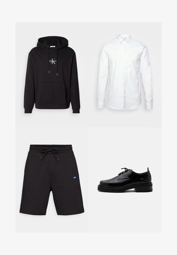 Sort bomulds hættejakke med snoretræk i hætten, kangaroo-lomme og et sølvfarvet logo, der viser "Calvin Klein" og "CK" på brystet.; Hvid langærmet skjorte lavet af glat bomuldsstof. Har en klassisk krave, knaplukning og en tætsiddende design med manchetter ved håndleddene.; Sorte bomulds shorts med snor i taljen, der har sidelommer og et lille blåt logo mærke foran. Glat tekstur.; Sort poleret læder snørestøvle med tyk gummisål og lav hæl, sideskilt med mærketekst "SAMSOE" og bageste træksnor.