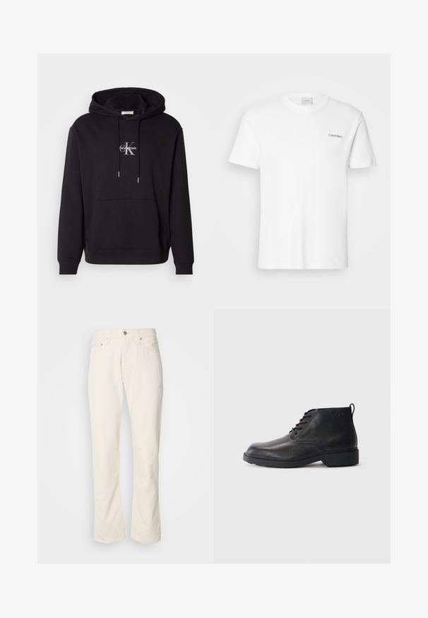 Zwarte katoenen hoodie met een trekkoordcapuchon, kangoeroezak en een zilveren logo met "Calvin Klein" en "CK" op de borst.; Witte katoen T-shirt met korte mouwen en een ronde hals. Bevat een klein zwart "Calvin Klein" logo op de linkerborst.; Beige katoenen jeans met een klassiek recht model, met een knoopsluiting aan de voorkant, vijf zakken en subtiele stikdetails.; Zwarte leren laarzen met een gestructureerde afwerking, ronde neus, vetersluiting aan de voorkant en een stevige rubberen zool. Voorzien van een klein aantreklipje aan de achterkant.