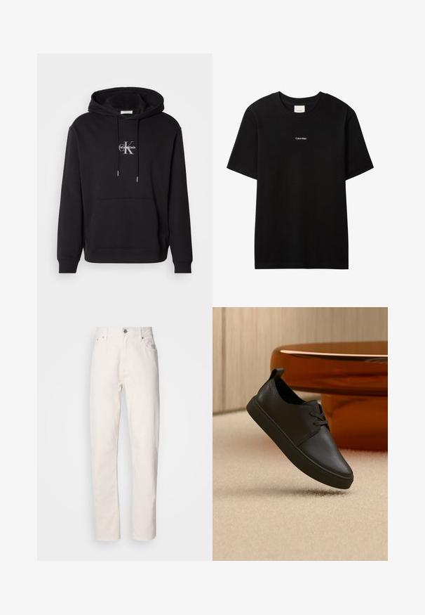 Sudadera de algodón negra con capucha ajustable, bolsillo canguro y un logo plateado con "Calvin Klein" y "CK" en el pecho.; Camiseta de algodón negra con cuello redondo y mangas cortas. Presenta un pequeño logo blanco "Calvin Klein" en el frente. Ajuste clásico y suave.; Jeans de denim blanco de pierna recta con cierre de botón y cremallera, lazos para cinturón y bolsillos delanteros y traseros, mostrados sobre un fondo liso.; Zapatilla casual negra de cuero con cordones, flotando sobre una alfombra beige, con una mesa de cristal ámbar redondeada en el fondo.