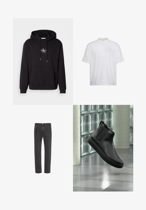 Sort bomulds hættejakke med snoretræk i hætten, kangaroo-lomme og et sølvfarvet logo, der viser "Calvin Klein" og "CK" på brystet.; Hvid T-shirt med korte ærmer og høj hals, med subtilt hævet "ck" logo på venstre bryst.; Sorte jeans med lige ben i denim med knap- og lynlås-lukning foran, for- og baglommer, vist på hvid baggrund.; Sort læder ankelstøvle med elastiske sidepaneler, der svæver over en poleret beton gulv og glasblokke i baggrunden.