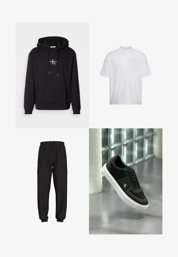 Sudadera de algodón negra con capucha ajustable, bolsillo canguro y un logo plateado con "Calvin Klein" y "CK" en el pecho.; Camiseta blanca de manga corta con cuello alto simulado, con un sutil logo "ck" en relieve en el pecho izquierdo.; Pantalones deportivos negros de corte holgado con cintura y puños elásticos, con cordón ajustable en la cintura.; Zapatilla negra de corte bajo con suela blanca y logo "cK", flotando sobre un suelo de hormigón gris cerca de una pared de bloques de vidrio y una columna blanca.