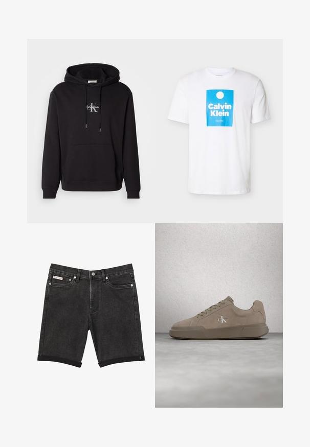 Sort bomulds hættejakke med snoretræk i hætten, kangaroo-lomme og et sølvfarvet logo, der viser "Calvin Klein" og "CK" på brystet.; Hvid T-shirt med korte ærmer og et blåt rektangulært motiv, der indeholder en hvid cirkel og teksten "Calvin Klein" i fede hvide bogstaver.; Sorte denimshorts med opbukket kant, frontknap og lynlås, bæltestropper og forlommer på ensfarvet baggrund.; Beige ruskind sneakers med snørebånd og "ck" logo, vist svævende over poleret beton gulv med glasblokvæg i baggrunden.