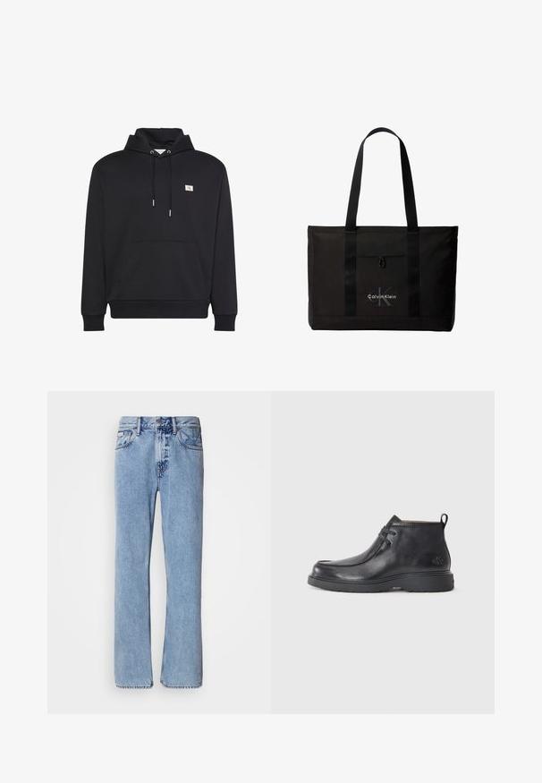 Sort pullover hoodie med forlommekangurulomme, snøretrækshætte og lille firkantet logo på venstre bryst.; Lyseblå denimjeans med lige ben design, fem lommer og knaplukning. Syninger nær lommer og talje.; Sorte læder ankelstøvler med rund tå, snørelukning og en løkke bagpå. Tekstureret overdel og gummisål.; Sort Calvin Klein tote taske med to lange håndtag og lomme foran, med mærkets logo i hvid og grå.