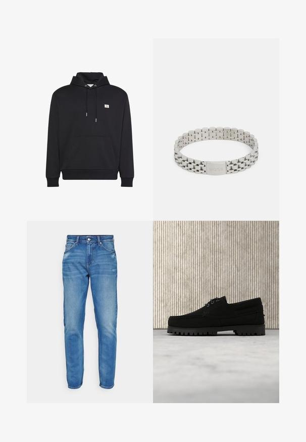 Sort pullover hoodie med forlommekangurulomme, snøretrækshætte og lille firkantet logo på venstre bryst.; Blå denim jeans med lige ben-design, der har en lynlås, fem lommer og let falmning, færdiggjort med en opslået kant.; Sort snørestøvle med tyk rilled sål, der svæver over beige tæppe, brun moderne rundt bord i blødt oplyst rum i baggrunden.; Sølv rustfrit ståls armbånd med et linkdesign, prydet med en lås, der er graveret med "BOSS." Glat, poleret overflade med afrundede kanter.