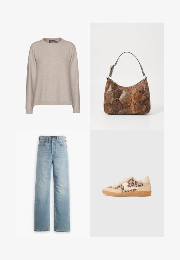 Beige trui van zacht gebreid materiaal. Heeft een ronde hals, lange mouwen en geribde boorden. Casual pasvorm met een gladde textuur.; Lichtblauwe spijkerbroek met een hoge taille, rechte pijpvorm, vijfzakkenstijl en zichtbare stikseldetails.; Luipaardprint sneakers met een beige suède bovenkant, tan rubberen zool en witte accenten. Ronde neus en vetersluiting met een gestructureerde afwerking.; Kleine handtas met een bruin en zwart slangenprintpatroon, korte verstelbare schouderriem en ritssluiting.