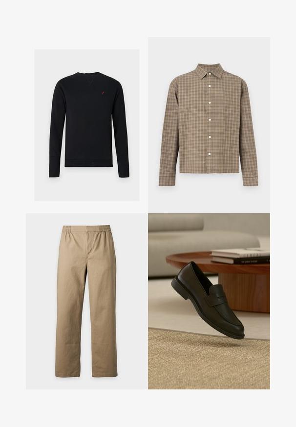 Sweatshirt noir en coton avec manches longues, col rond, poignets côtelés et un petit logo d'oiseau rouge sur la poitrine.; Chemise à manches longues à boutons avec motif à carreaux marron et beige, col classique et boutons blancs sur le devant.; Pantalon beige à taille élastique et jambes droites en tissu uni, présenté sur un fond gris clair.; Chaussure mocassin en cuir noir présentée en suspension au-dessus d'un tapis beige tissé, avec une table en bois et des livres empilés dans un salon doucement éclairé.