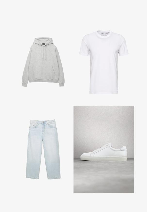 Hoodie gris clair en mélange de coton doux, avec une capuche à cordon de serrage, une poche avant à rabat et des poignets et un ourlet côtelés.; T-shirt blanc à manches courtes en coton, avec un col rond et un design simple. Étiquette de marque visible au niveau du cou. Aucun motif ni accent.; Jean droit taille haute bleu clair avec bouton à l'avant, poches et petite étiquette métallique de marque sur la poche avant droite.; Sneaker blanche avec une tige en cuir lisse et un profil bas. Présente un bout arrondi, six œillets et une semelle en caoutchouc texturé.