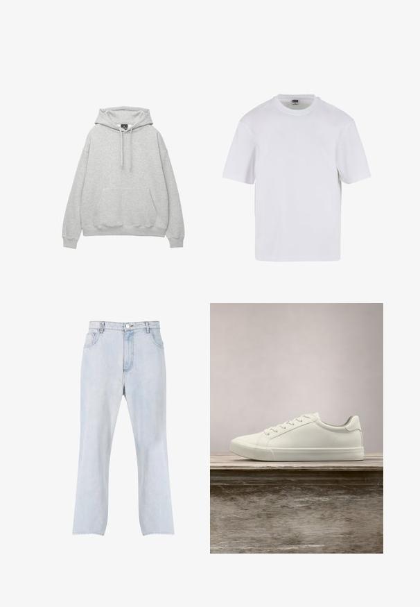 Hoodie gris clair en mélange de coton doux, avec une capuche à cordon de serrage, une poche avant à rabat et des poignets et un ourlet côtelés.; T-shirt blanc à manches courtes en coton. Il présente un col rond et une coupe décontractée. Texture lisse, design minimaliste, sans motifs ni accents.; Jean en denim bleu clair avec jambes droites, fermeture frontale par bouton et zip, et design à cinq poches.; Sneaker en dentelle blanche flottant au-dessus d'un banc en bois avec un feuillage vert en arrière-plan, mettant en valeur le design et la texture de la chaussure.