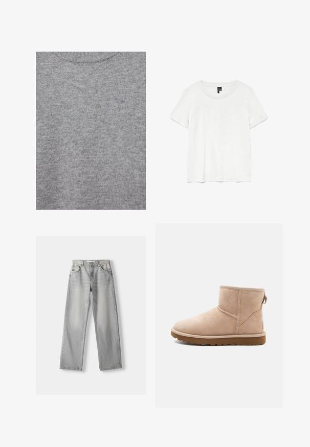 Tissu en maille gris doux avec une texture subtile et un col rond côtelé.; T-shirt blanc à manches courtes avec un col rond, fabriqué en tissu léger. Design simple, texture lisse et ourlet droit.; Jean en denim gris clair avec une coupe droite, dotée de deux poches avant, d'un bouton de fermeture et d'un léger délavage pour la texture.; Bottine en daim beige à bout arrondi, avec des accents cousus et une semelle en caoutchouc brun texturé. Elle se distingue par une languette à l'arrière.