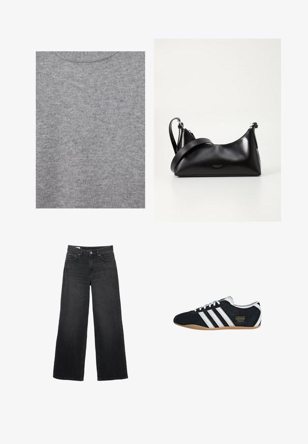 Tissu en maille gris doux avec une texture subtile et un col rond côtelé.; Jeans noirs à jambes larges avec bouton devant, fermeture éclair, passants de ceinture et design cinq poches sur fond blanc.; Sneakers en suede noir avec trois bandes blanches, logo doré et semelle en caoutchouc marron. Présente un design à lacets à profil bas.; Sac à main en cuir noir avec une texture lisse. Dispose d'une bandoulière adjustable et d'un design élégant et minimaliste avec une fermeture éclair.